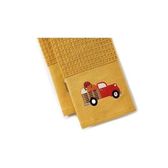 Vintage Red Truck Pumpkins Kitchen Towels 2pc Mineral Yellow Autumn Gift NEW - Picture 2 of 3